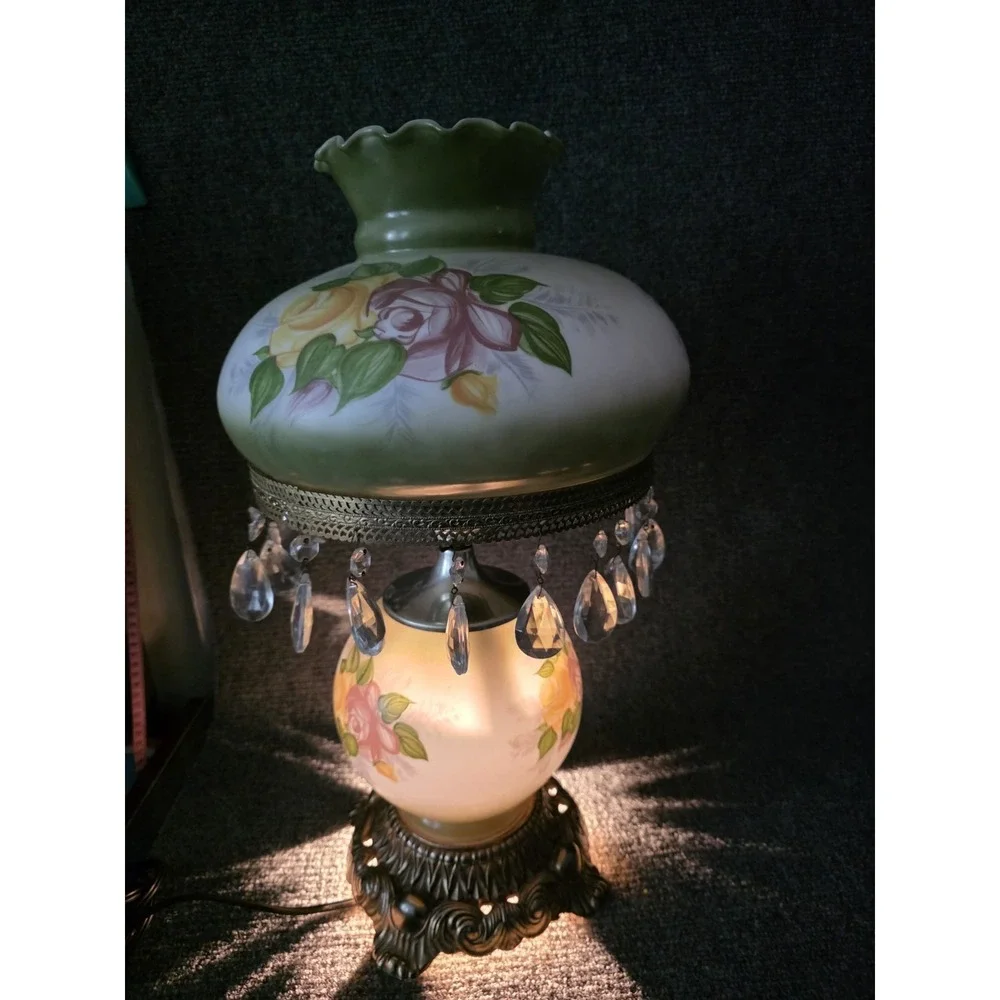 Antique Rose on Green Hurricane Lamp 10